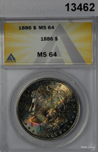 1886 MORGAN SILVER DOLLAR ANACS CERTIFED MS64 VIVID RAINBOW WOW! #13463