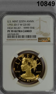 US MINT 2017 W G$100 FINE GOLD NGC CERTIFIED PF70 ULTRA CAMEO PERFECTION! #10849