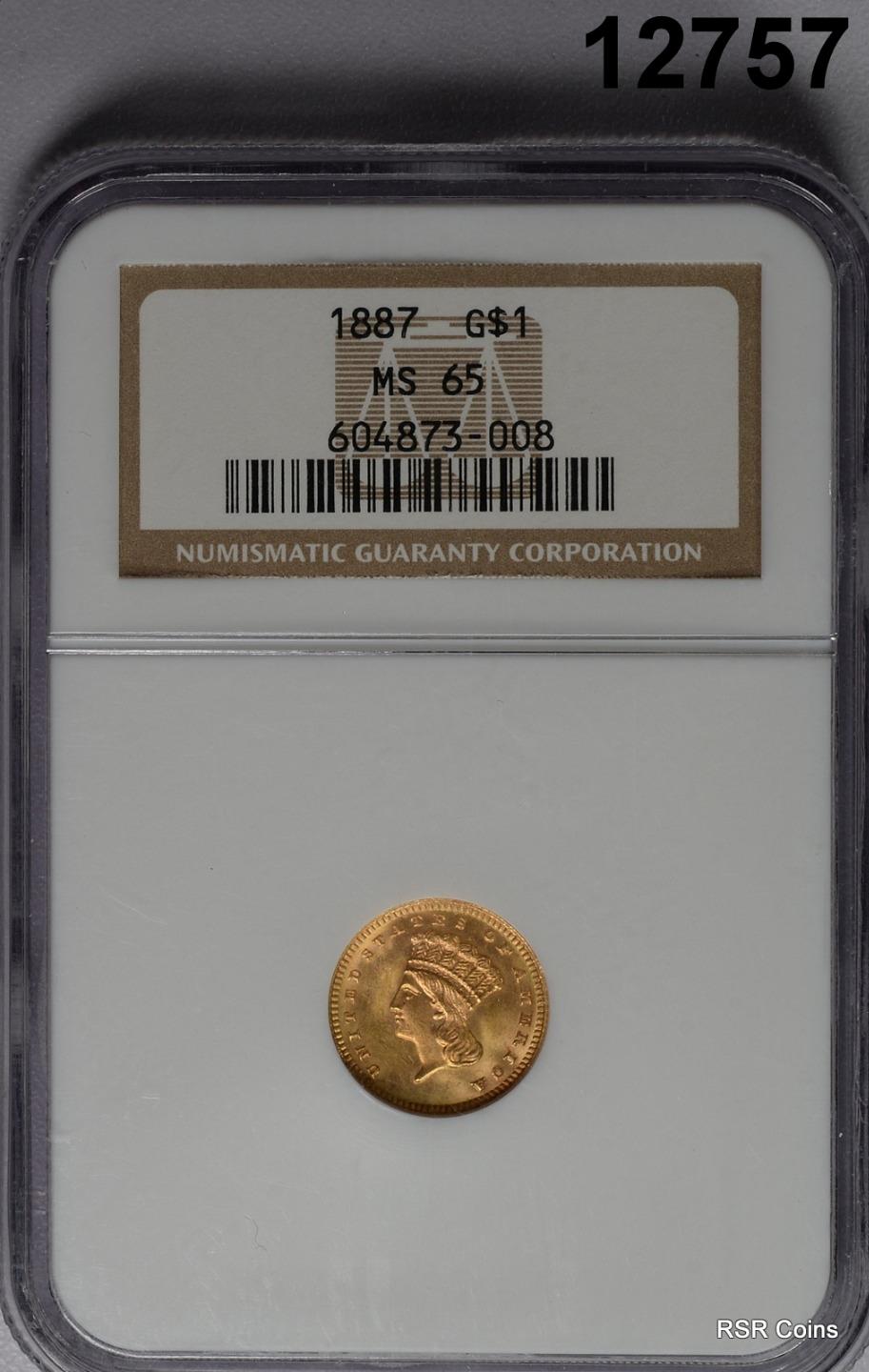 1887 $1 GOLD INDIAN PRINCESS NGC CERTFIED MS65 MINTAGE: 7,500! #12757