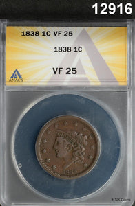 1838 LARGE CENT ANACS CERTIFIED VF25 NICE COLOR! #12916