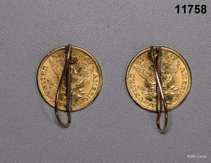 1886 MOUNTED PAIR OF $5 GOLD LIBERTY COIN EARRING SET! OBVERSE AU/BU NICE #11758