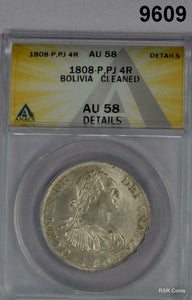 1808-P, PJ BOLIVIA 4 REALES ANACS CERTIFIED AU58 CLEANED FULL DETAILS!! #9609