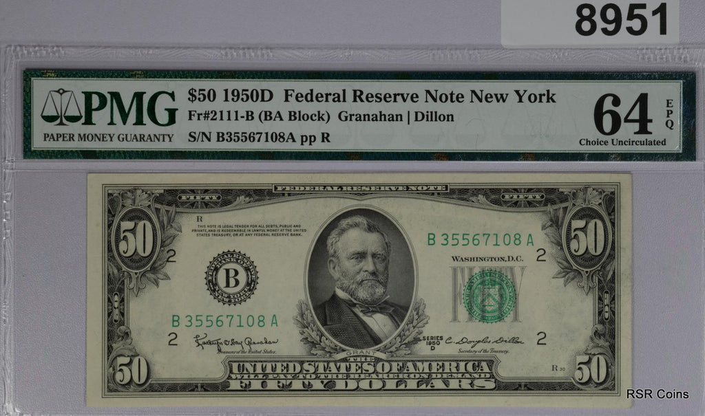 $50 1950 D FEDERAL RESERVE NOTE NEW YORK FR#2111-B PMG CERTIFIED 64 EPQ #8951