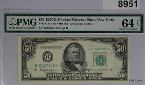 $50 1950 D FEDERAL RESERVE NOTE NEW YORK FR#2111-B PMG CERTIFIED 64 EPQ #8951