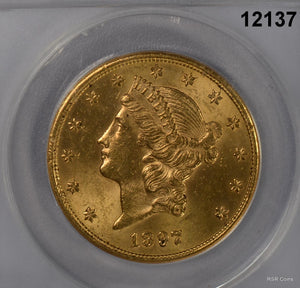 1897 S $20 GOLD LIBERTY ANACS CERTIFIED AU55 LOOKS BETTER! #12137