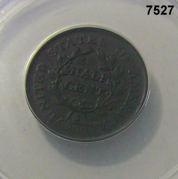 1806 HALF CENT ANACS CERTIFIED VF25 DAMAGED SMALL 6 NO STEMS #7527