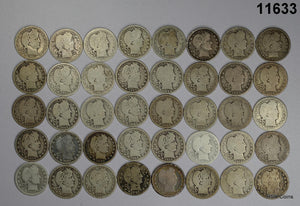 BARBER QUARTERS NEARLY FULL DATES ROLL OF 40 COINS 90% SILVER  #11633