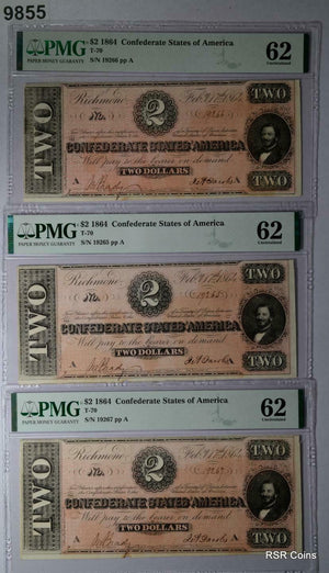 1864 CONFEDERATE STATES OF AMERICA $2 PMG CERTIFIED 8 CONSECUTIVE NOTES! #9855