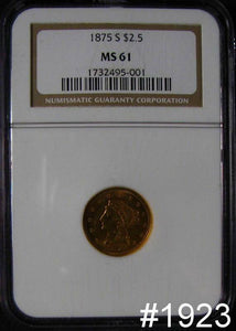 1875 S CERTIFIED NGC MS 61 $2.50 GOLD LIBERTY FLASHY!! QUARTER EAGLE #1923 RARE!