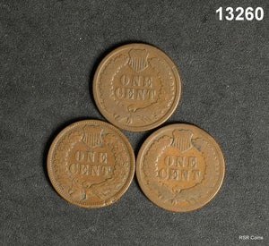 3 INDIAN HEAD CENT LOT: 1883 GOOD+, 1887 GOOD, 1908 VG (RIM DAMAGE REV) #13260