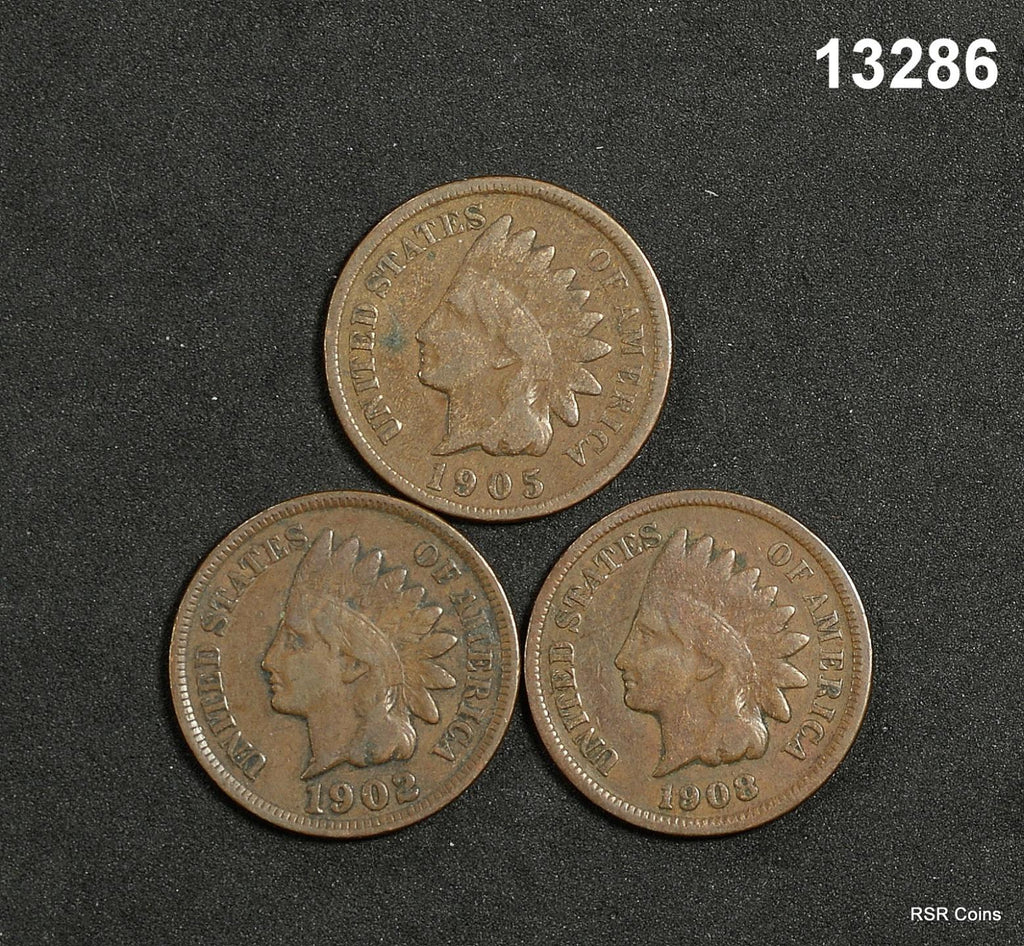 LOT OF 3 FINE INDIAN HEAD CENTS: 1902, 1905, 1908 #13286