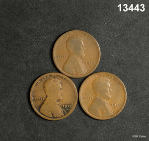 3 COIN LINCOLN CENT SET: 1912 D VG, 1911 D GOOD, 1913 D GOOD! #13443