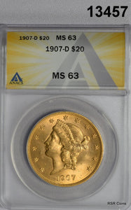 1907 D $20 GOLD DOUBLE EAGLE RARE! ANACS CERTIFIED MS63 LOOKS BETTER! #13457