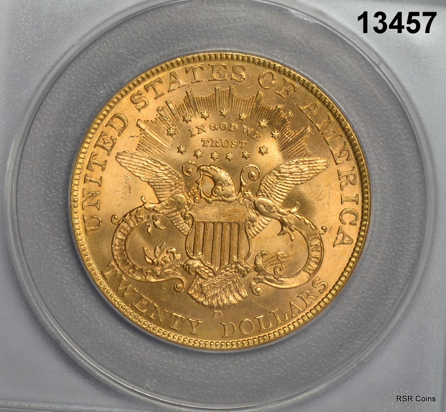 1907 D $20 GOLD DOUBLE EAGLE RARE! ANACS CERTIFIED MS63 LOOKS BETTER! #13457