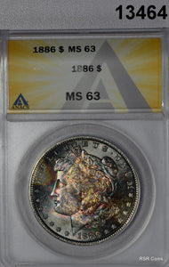 1886 MORGAN SILVER DOLLAR ANACS CERTIFED MS63 VIVID RAINBOW WOW! #13464