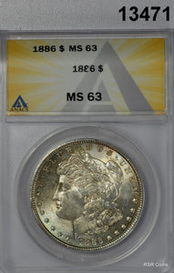 1886 MORGAN SILVER DOLLAR ANACS CERTIFED MS63 PALE BLUE GOLDEN OBV TONED! #13471