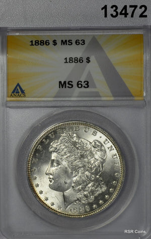 1886 MORGAN SILVER DOLLAR ANACS CERTIFED MS63 REV GOLDEN CRESCENT TONED! #13472