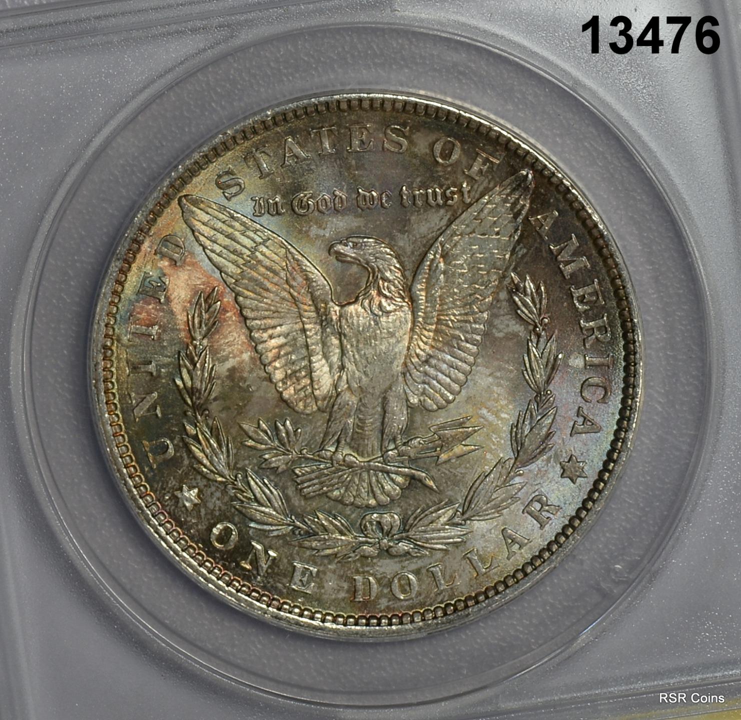 1886 MORGAN SILVER DOLLAR ANACS CERTIFED MS63 REVERSE RAINBOW TONED WOW! #13476