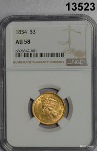 1854 $3 GOLD PRINCESS NGC CERTIFED AU58 WOW FLASHY! #13523