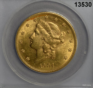 1904 $20 GOLD LIBERTY DOUBLE EAGLE ANACS CERTIFED AU58! #13530