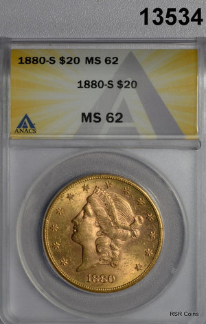 1880 S $20 GOLD DOUBLE EAGLE RARE DATE ANACS CERTIFED MINTAGE 836,000!! #13534