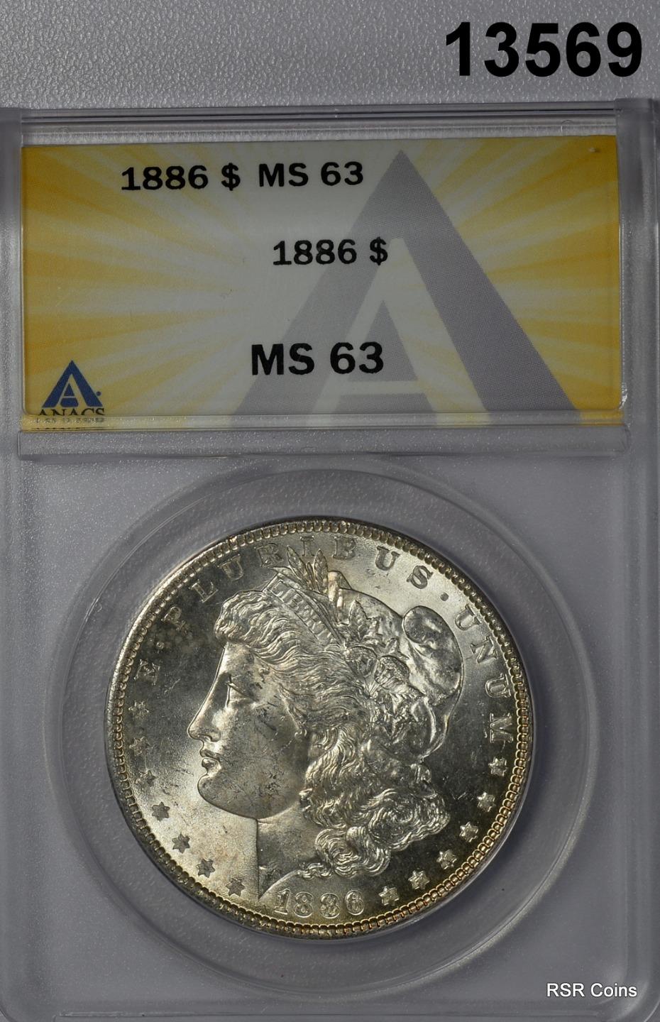 1886 MORGAN SILVER DOLLAR ANACS CERTIFED MS63 YELLOW GOLDEN TONED REVERSE #13569