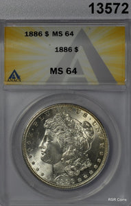 1886 MORGAN SILVER DOLLAR ANACS CERTIFED MS64 FULLY STRUCK 90% WHITE GOLD #13572