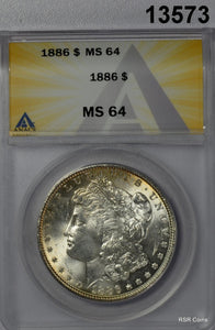 1886 MORGAN SILVER DOLLAR ANACS CERTIFED MS64 FULLY STRUCK GOLDEN TONING #13573