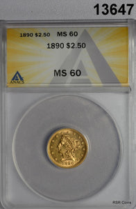 1890 $2.50 GOLD COIN MINTAGE: 8,720! ANACS CERTIFED MS60 FLASHY! #13647