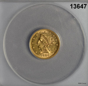 1890 $2.50 GOLD COIN MINTAGE: 8,720! ANACS CERTIFED MS60 FLASHY! #13647