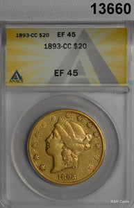 1893 CC $20 DOUBLE EAGLE MINTAGE 18,402 ANACS CERTIFED EF45 LOOKS BETTER! #13660