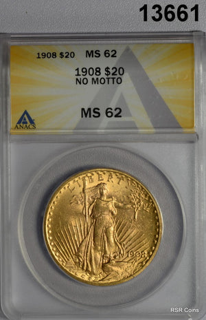 1908 NM $20 GOLD DOUBLE EAGLE ANACS CERTIFED MS62 LOOKS BETTER! #13661