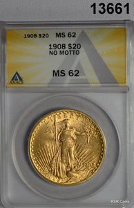 1908 NM $20 GOLD DOUBLE EAGLE ANACS CERTIFED MS62 LOOKS BETTER! #13661