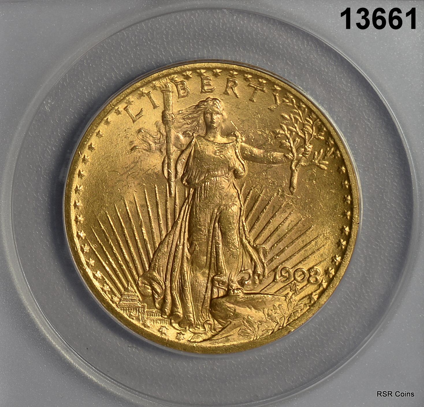 1908 NM $20 GOLD DOUBLE EAGLE ANACS CERTIFED MS62 LOOKS BETTER! #13661