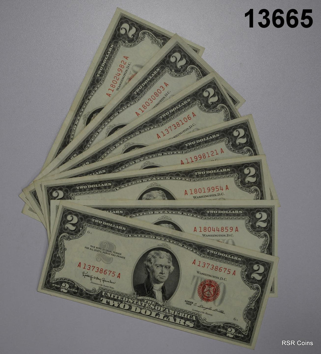 LOT OF 7 1963 $2 U.S. NOTES XF+ CRISP! #13665