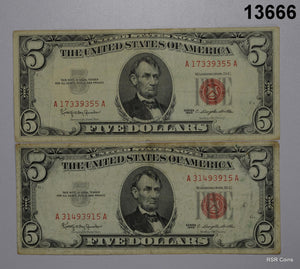 LOT OF 2 1963 RED SEAL $5 U.S. NOTES #13666