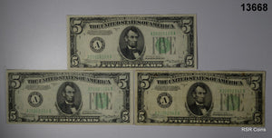 LOT OF 3 1934 A BOSTON $5 FEDERAL RESERVE NOTE VF-XF LIGHT GREEN SEAL! #13668