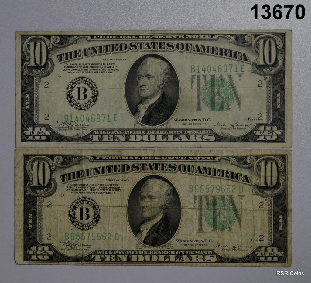 LOT OF 2 $10 1934 D FEDERAL RESERVE NOTES LIME GREEN SEAL NY #13670