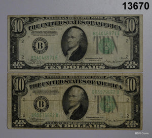 LOT OF 2 $10 1934 D FEDERAL RESERVE NOTES LIME GREEN SEAL NY #13670