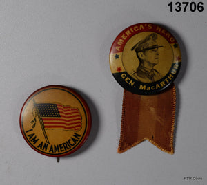 2 VINTAGE PINBACKS 48 STAR FLAG I AM AN AMERICAN + AMERICA'S HERO #13706