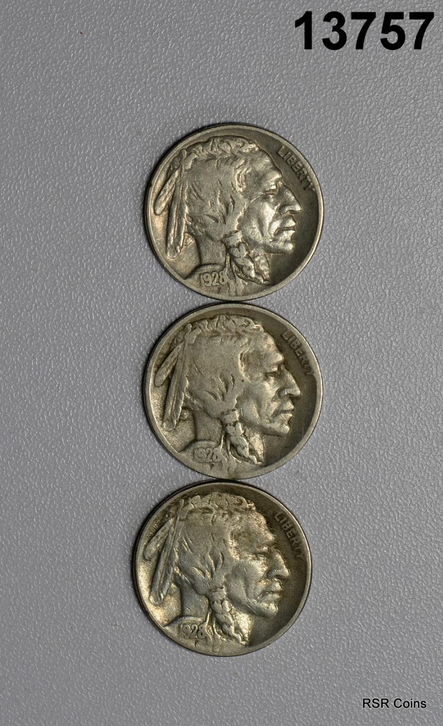 LOT OF 3 BUFFALO NICKELS: 1928 VF, 1928 D FINE, 1928 S VF #13757