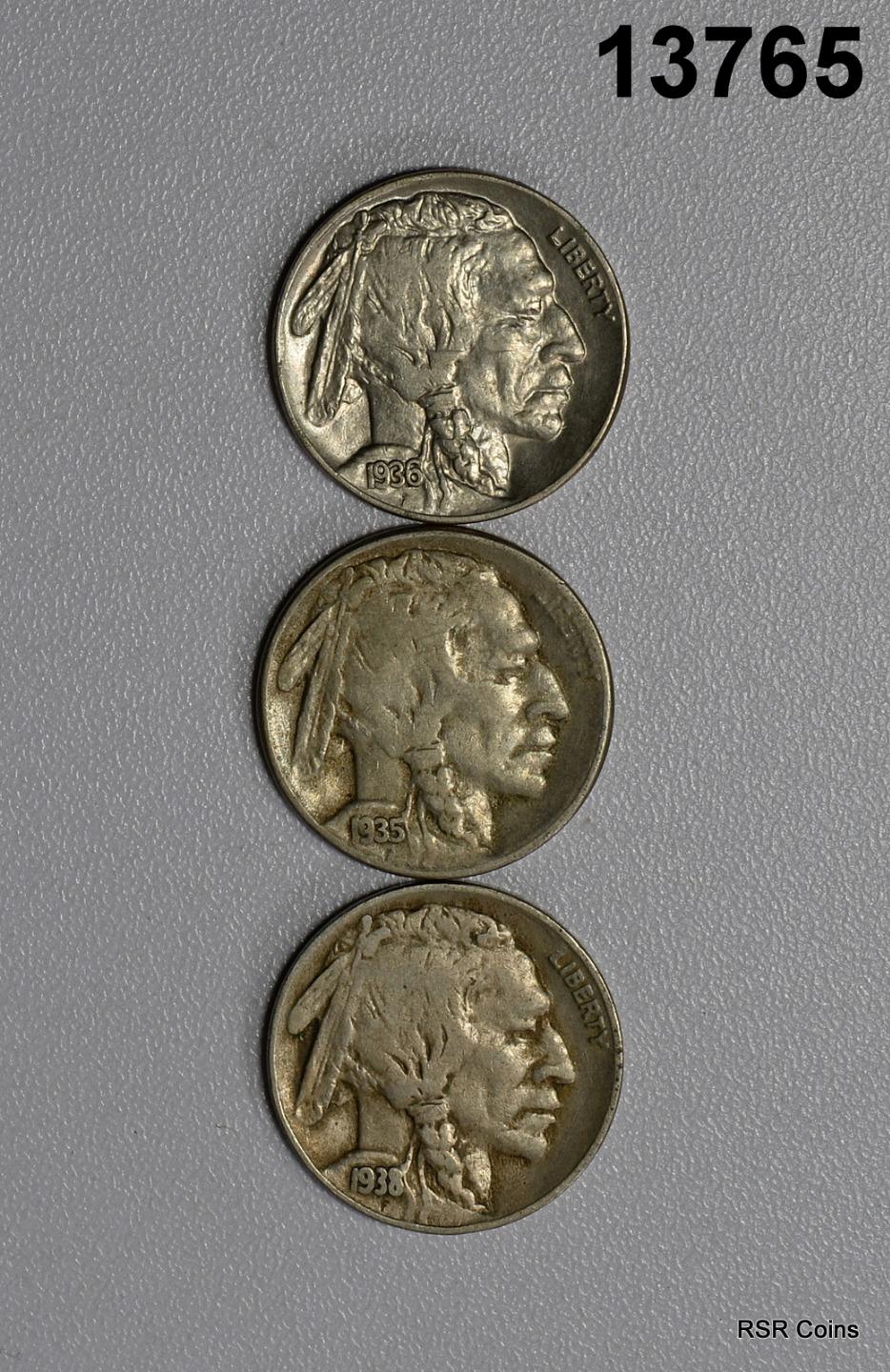 BUFFALO NICKEL 3 COIN LOT: 1935 S VF, 1938 D VF, 1936 AU #13765