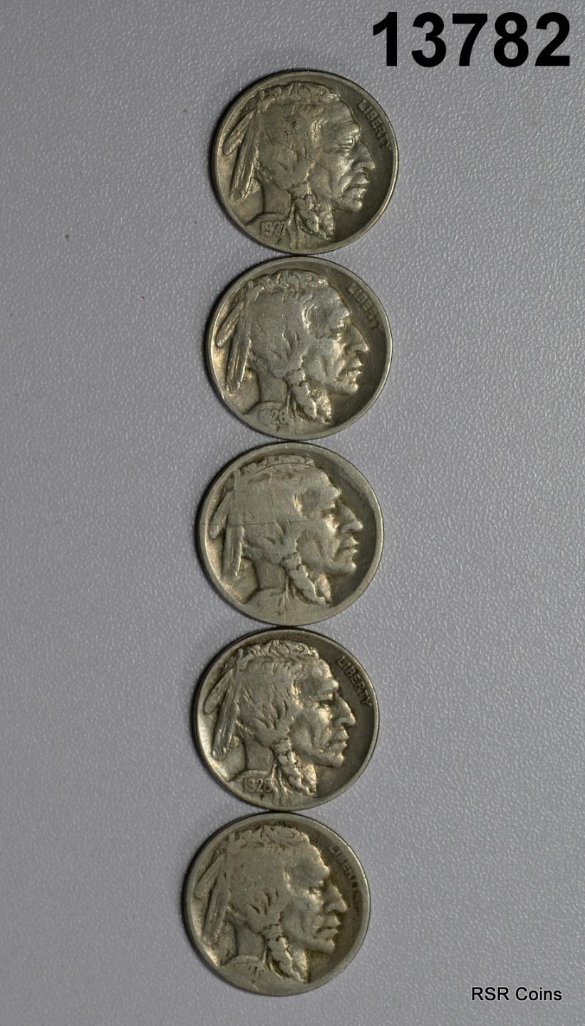 5 BUFFALO NICKELS: 1928 VF, 1927 VF, 1927 S G, 1927 D G, 1926 F #13782