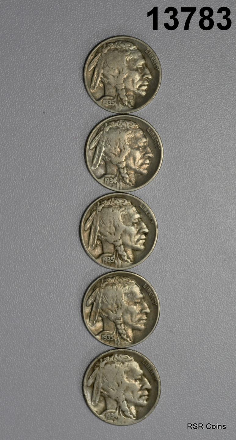 5 BUFFALO NICKEL LOT: 1934 VF, 1934 D G, 1935 XF, 1935 D F, 1935 S F #13783