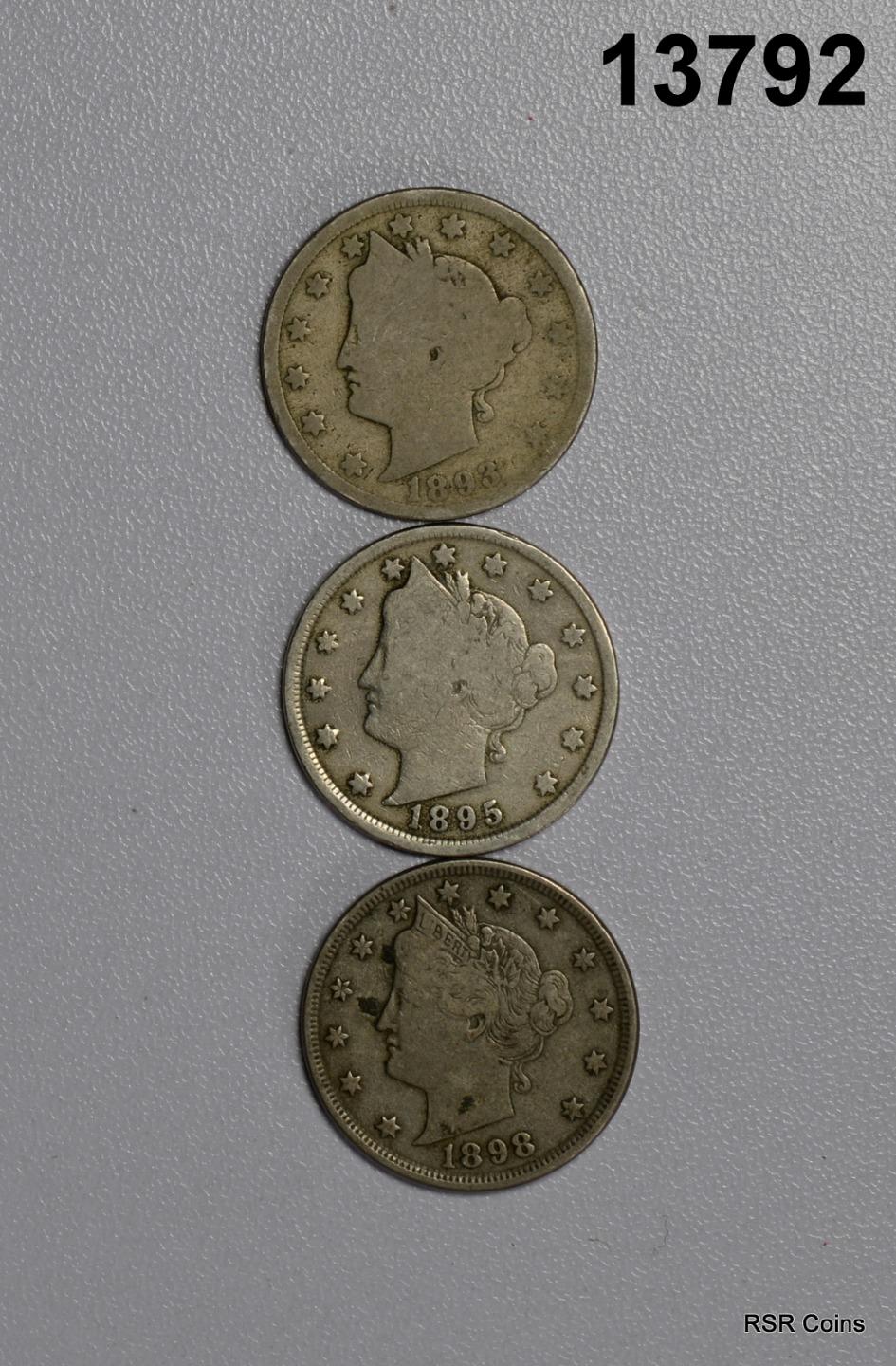 LOT OF 3 LIBERTY NICKELS: 1898 VG, 1893 AG, 1895 VG! #13792