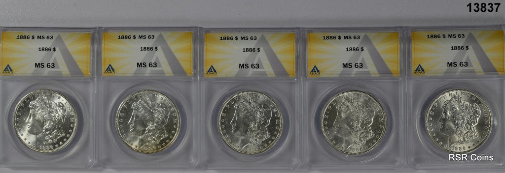 LOT OF 5 ORIGNIAL 1886 MORGAN DOLLARS ANACS CERTIFIED MS 63 FLASHY+ COINS#13837