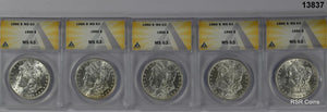 LOT OF 5 ORIGNIAL 1886 MORGAN DOLLARS ANACS CERTIFIED MS 63 FLASHY+ COINS#13837