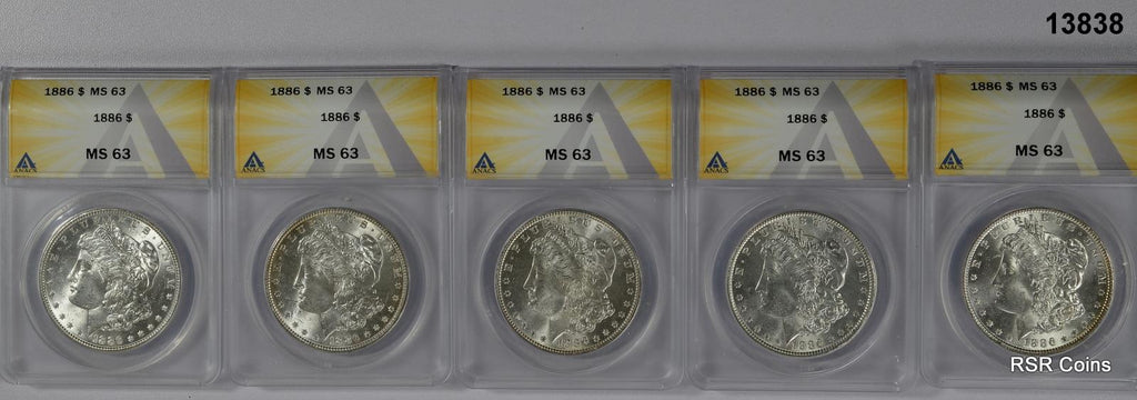 LOT OF 5 ORIGNIAL 1886 MORGAN DOLLARS ANACS CERTIFIED MS 63 FLASHY+ COINS#13838