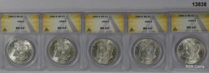 LOT OF 5 ORIGNIAL 1886 MORGAN DOLLARS ANACS CERTIFIED MS 63 FLASHY+ COINS#13838