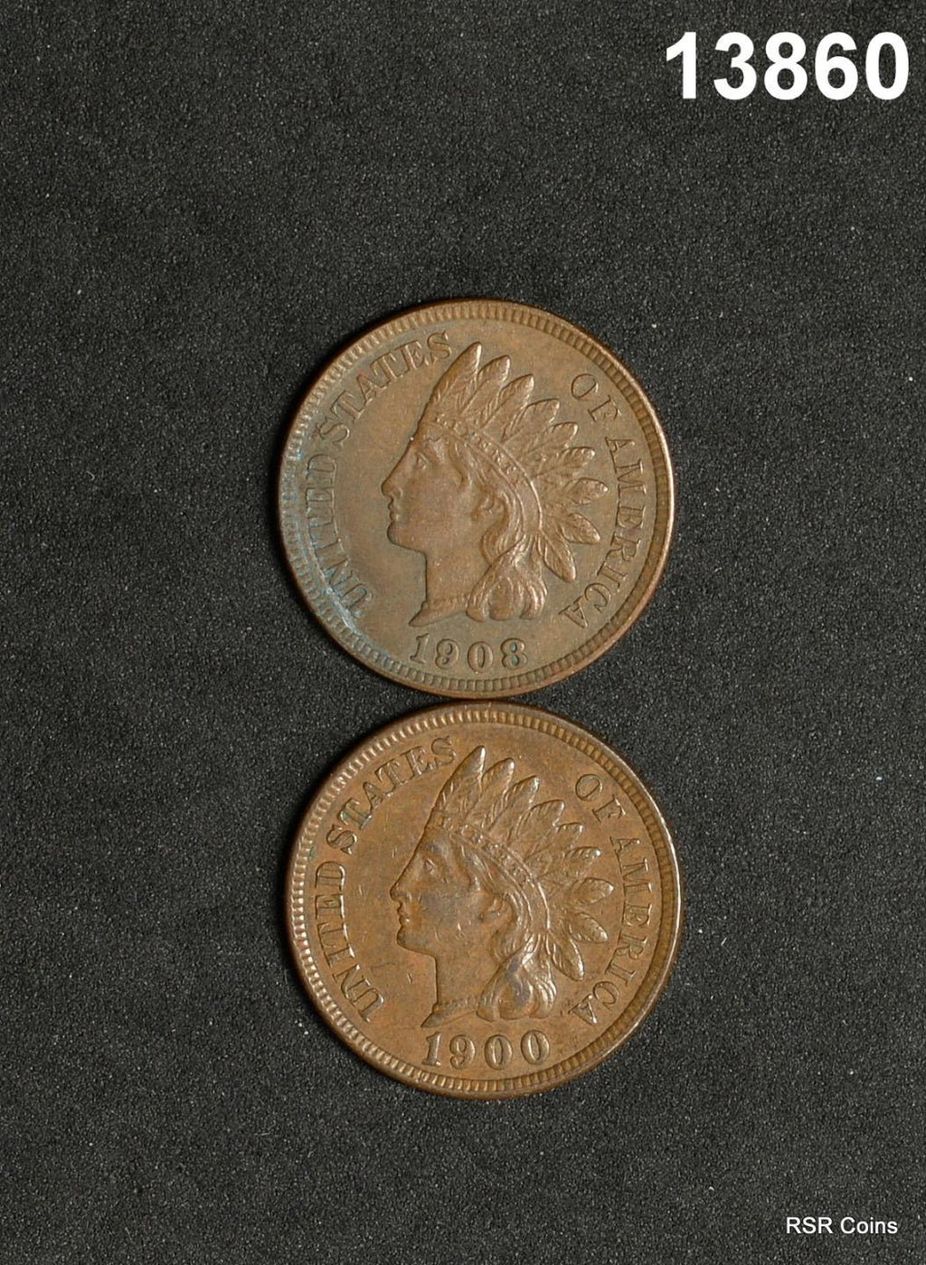 2 INDIAN HEAD CENTS: 1900 AU, 1908 AU SLIGHT CORRODED #13860